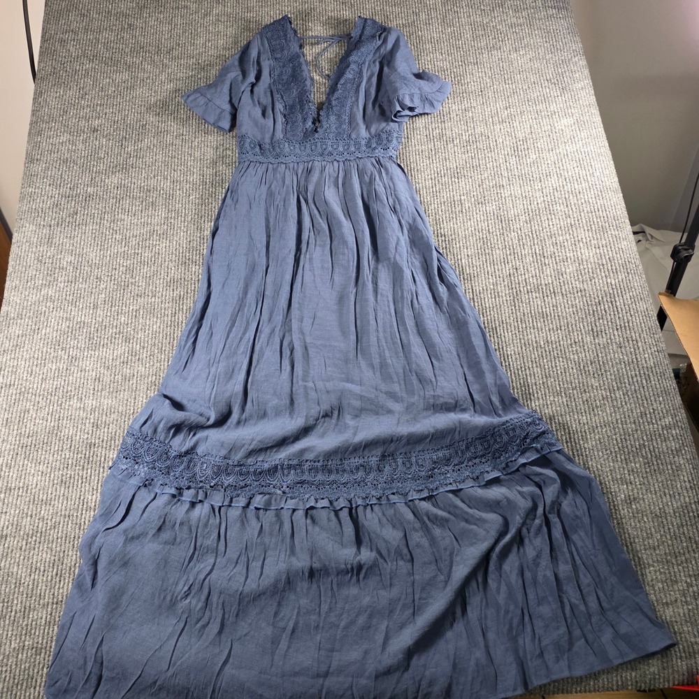 Wishlist Apparel Boho Crochet Lace Trim Crinkle Gauze Maxi Dress - Picture 8 of 12